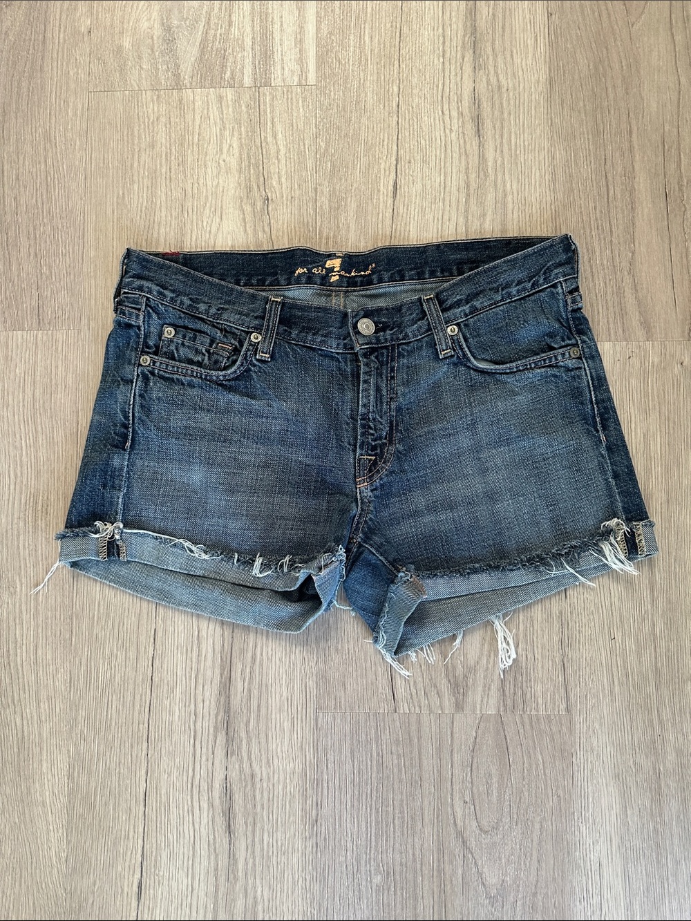 7 For All Mankind Dark Blue Denim Cuffed Cutoff Shorts